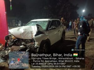 सहरसा में भीषण सड़क हादसा: रेलवे कर्मी स्नेह रंजन की मौत, महिला गंभीर रूप से घायल