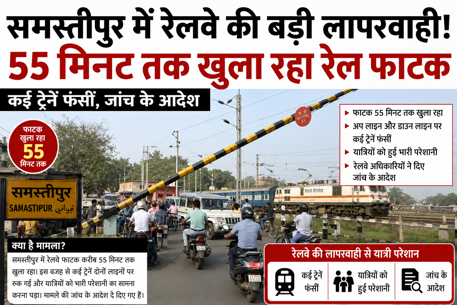 समस्तीपुर में रेलवे की बड़ी लापरवाही! 55 मिनट तक खुला रहा रेल फाटक, कई ट्रेनें फंसीं, जांच के आदेश