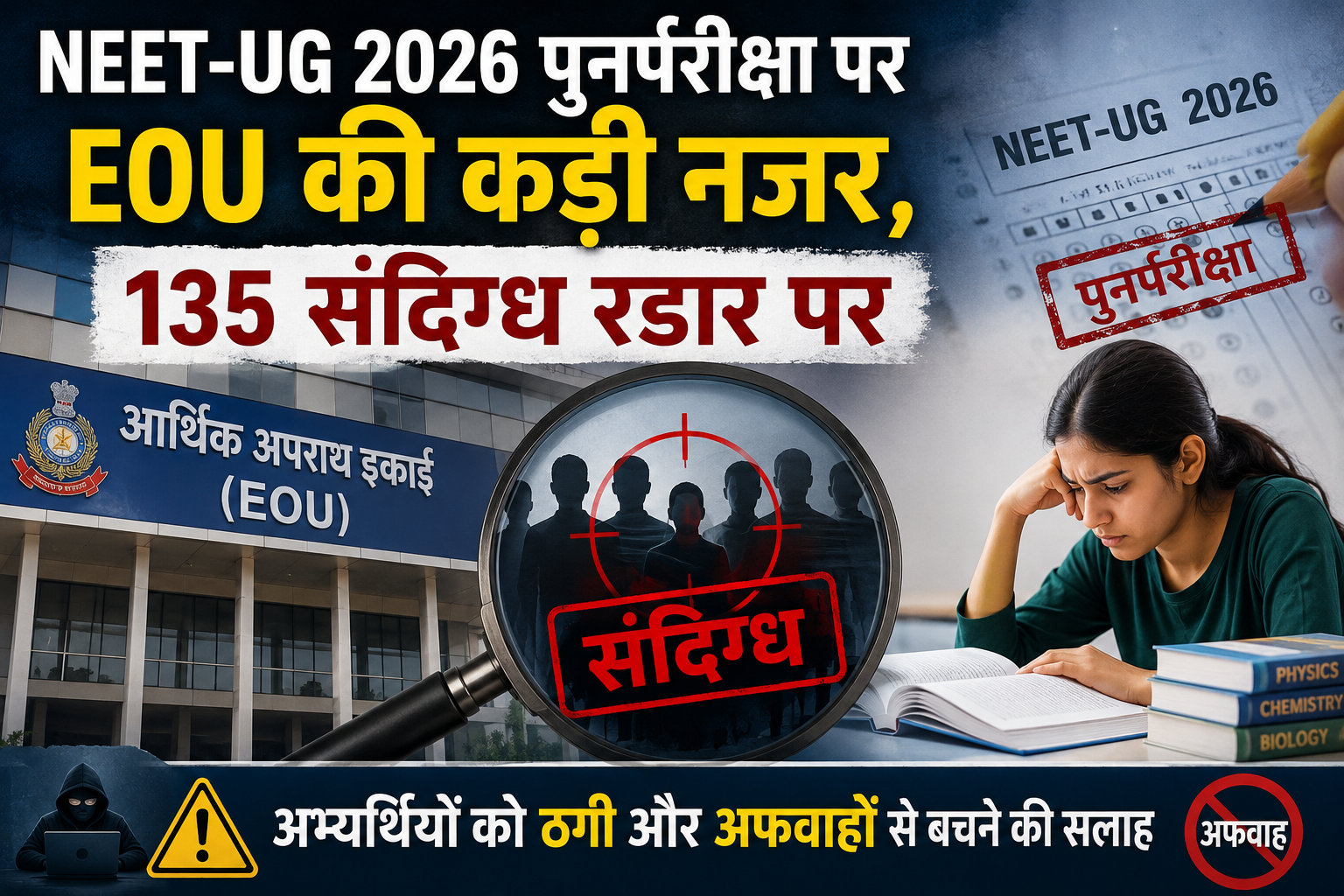NEET-UG 2026 पुनर्परीक्षा पर EOU की कड़ी नजर, 135 संदिग्ध रडार पर; अभ्यर्थियों को ठगी और अफवाहों से बचने की सलाह