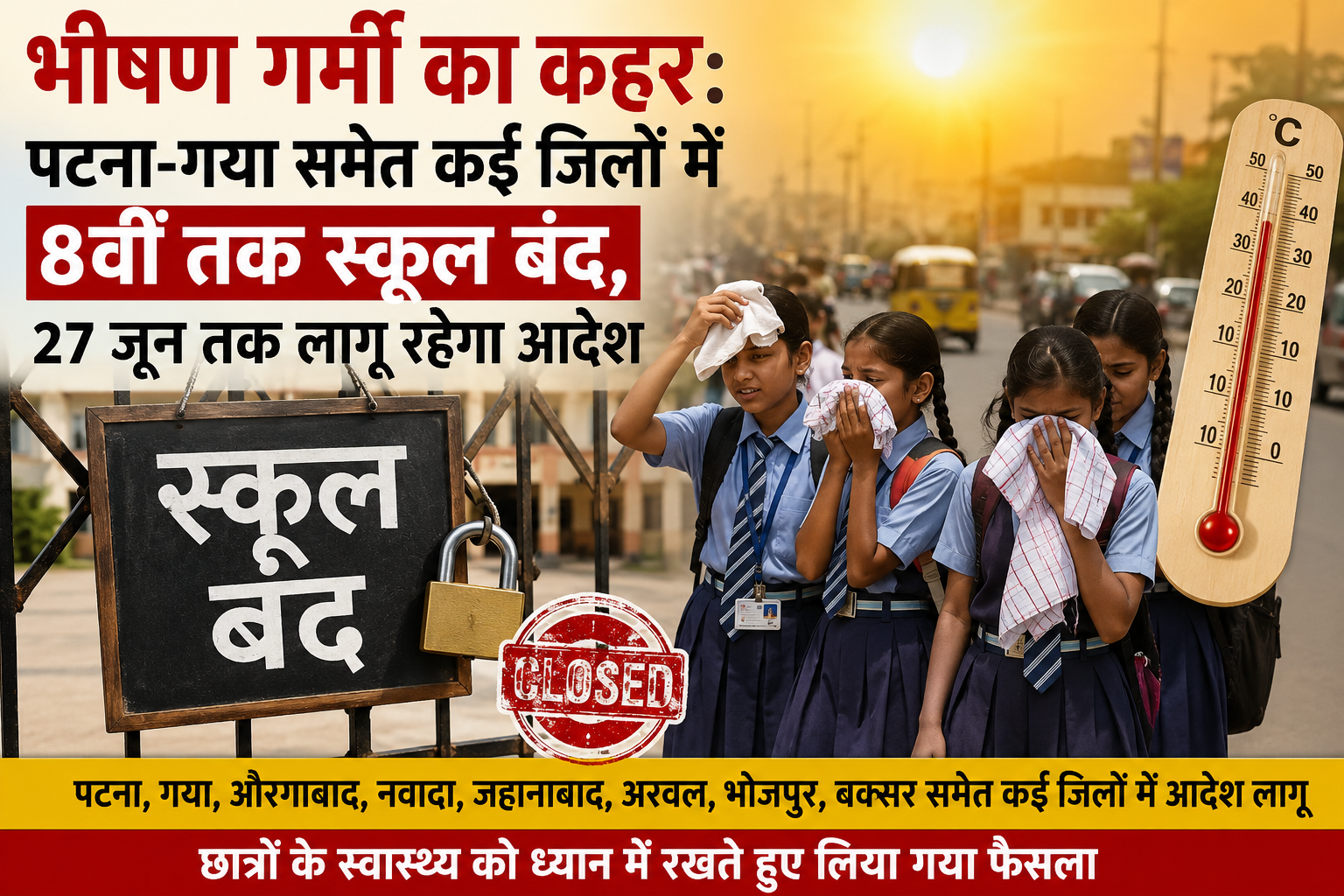 भीषण गर्मी का कहर: पटना-गया समेत कई जिलों में 8वीं तक स्कूल बंद, 27 जून तक लागू रहेगा आदेश