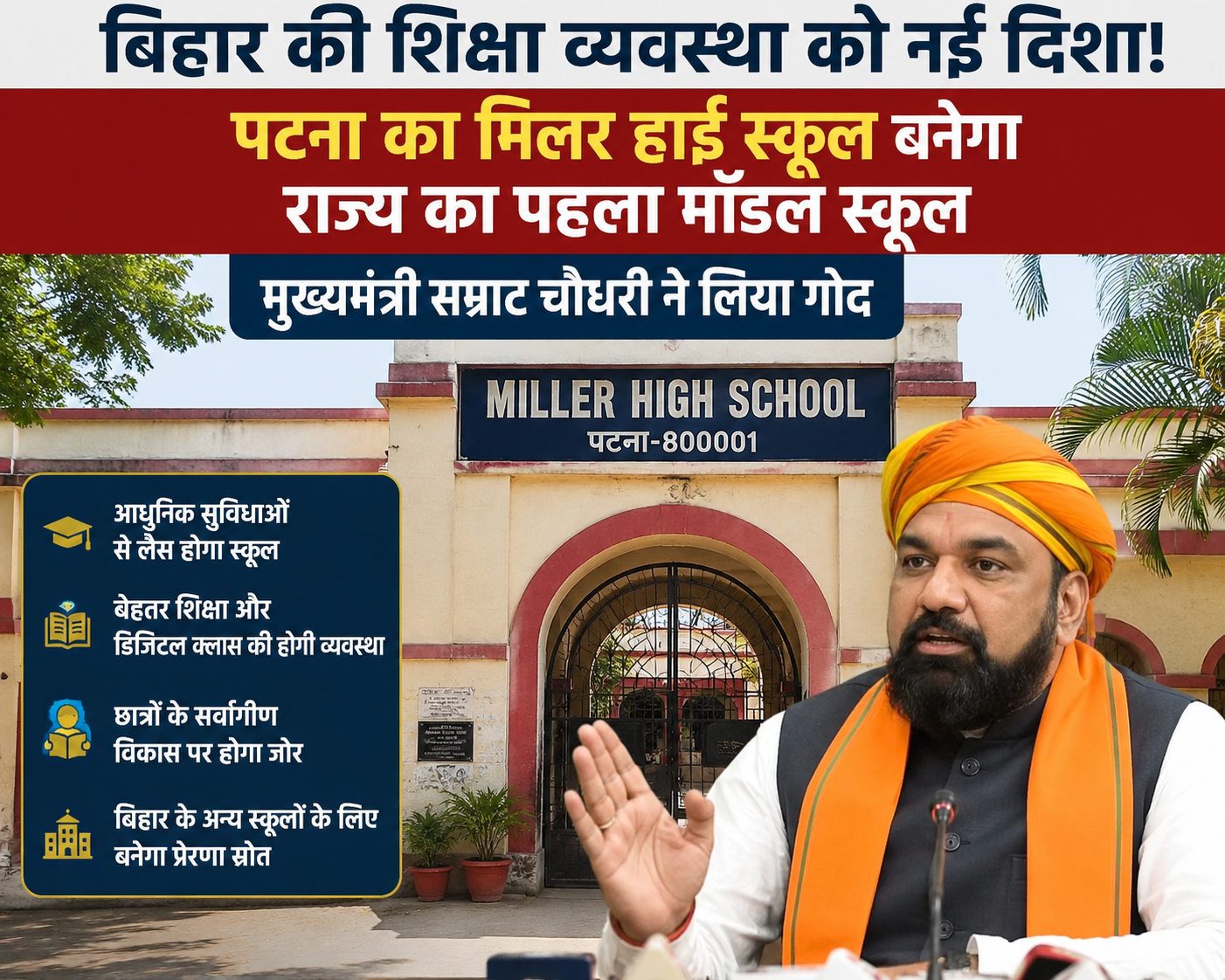 “बिहार की शिक्षा व्यवस्था को नई दिशा! पटना का मिलर हाई स्कूल बनेगा राज्य का पहला मॉडल स्कूल, मुख्यमंत्री सम्राट चौधरी ने लिया गोद”