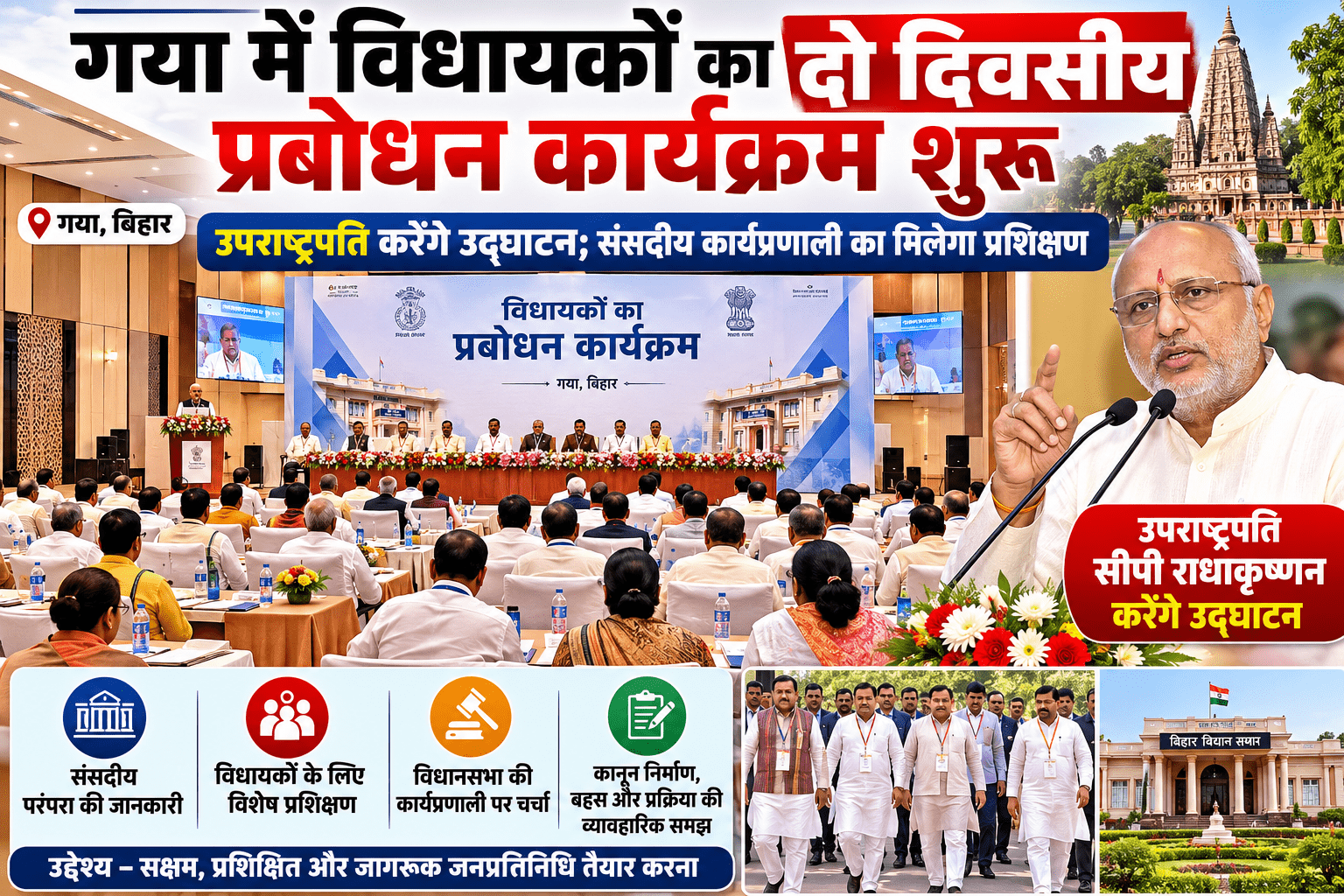 गया में विधायकों का दो दिवसीय प्रबोधन कार्यक्रम शुरू, उपराष्ट्रपति करेंगे उद्घाटन; संसदीय कार्यप्रणाली का मिलेगा प्रशिक्षण