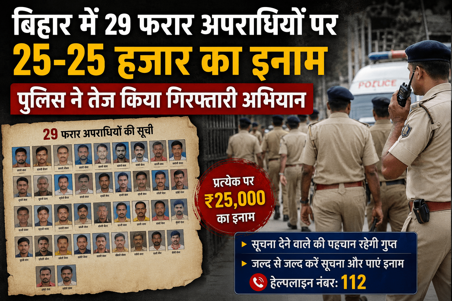 बिहार में 29 फरार अपराधियों पर 25-25 हजार का इनाम, पुलिस ने तेज किया गिरफ्तारी अभियान