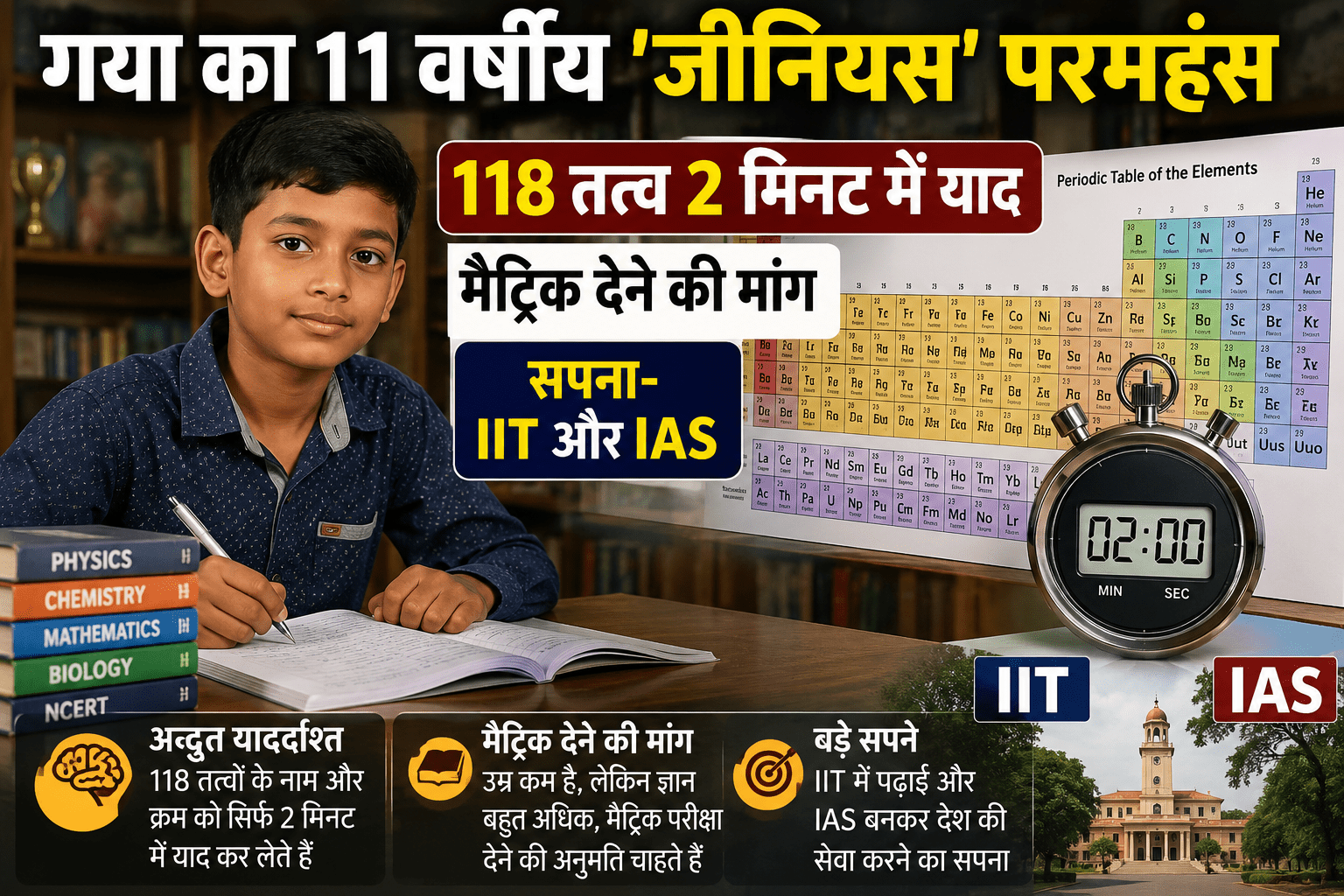 गया का 11 वर्षीय ‘जीनियस’ परमहंस: 118 तत्व 2 मिनट में याद, मैट्रिक देने की मांग, सपना- IIT और IAS