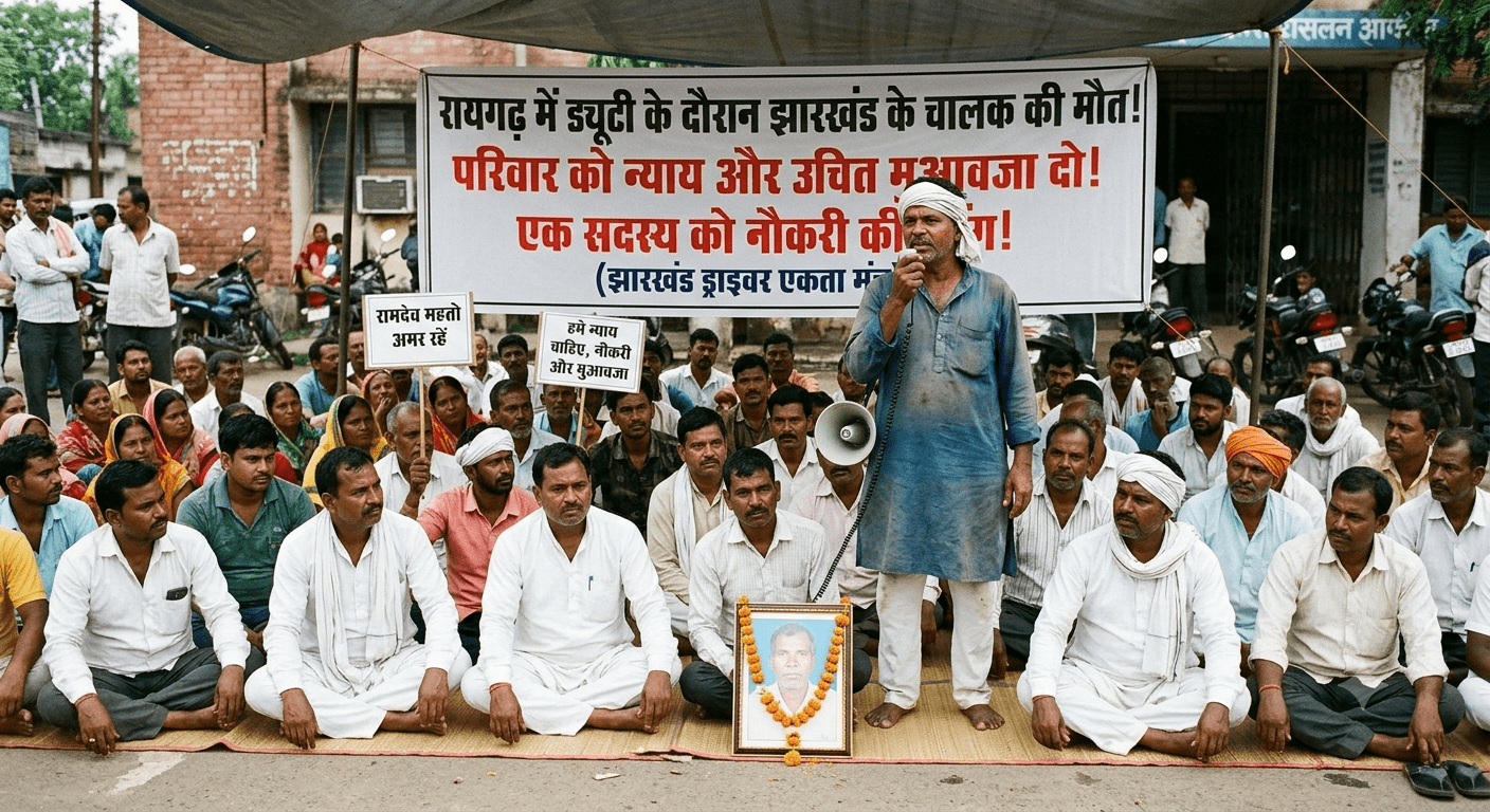रायगढ़ में ड्यूटी के दौरान झारखंड के चालक की मौत, मुआवजा और नौकरी की मांग पर धरना