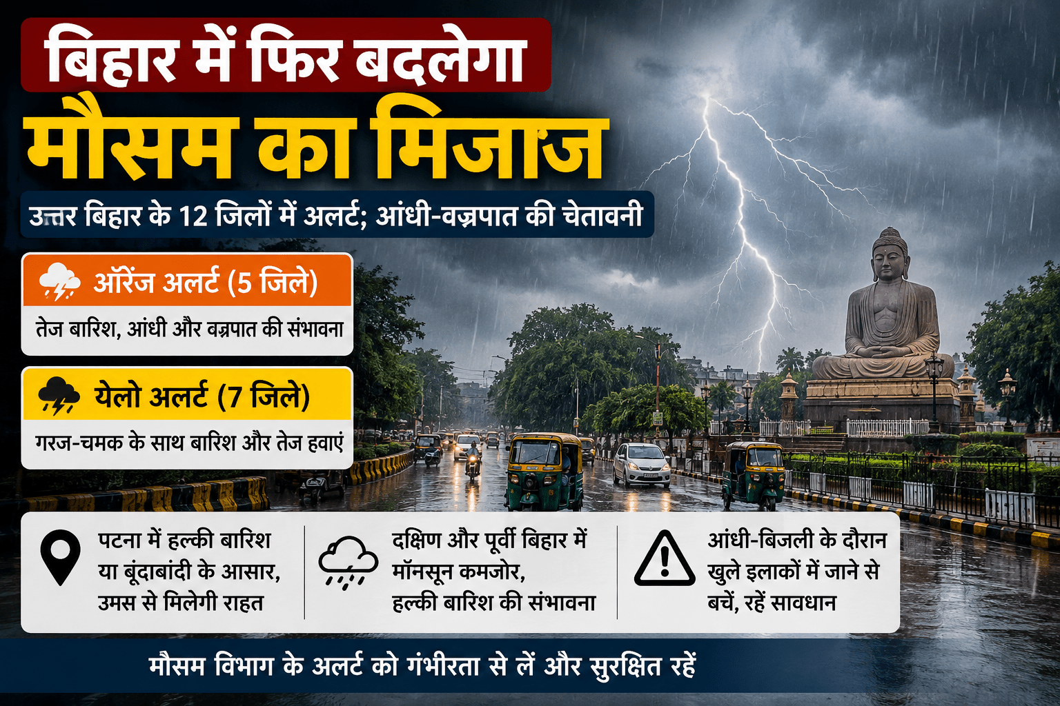 बिहार में फिर बदलेगा मौसम का मिजाज, उत्तर बिहार के 12 जिलों में अलर्ट; आंधी-वज्रपात की चेतावनी