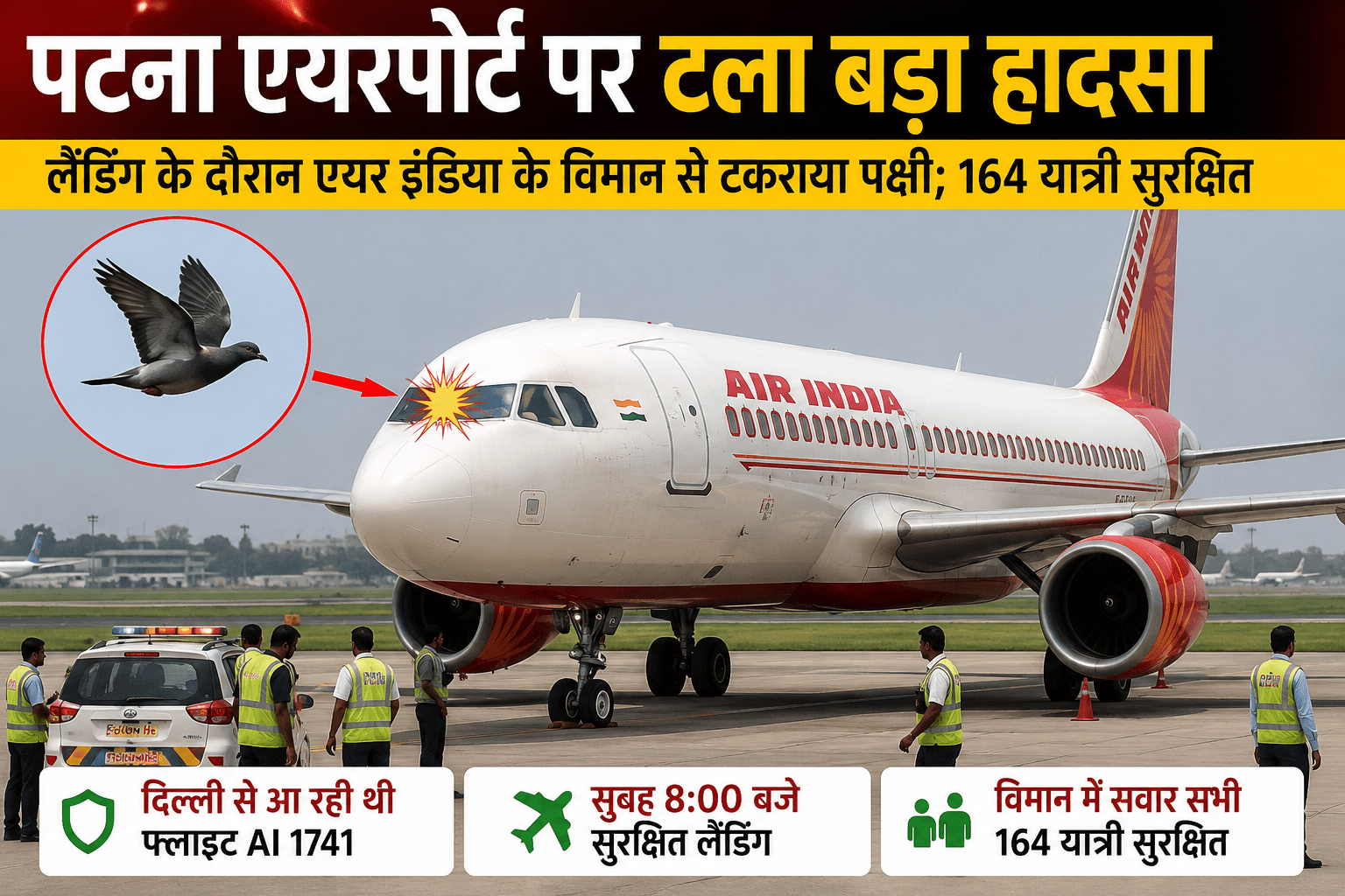  पटना एयरपोर्ट पर टला बड़ा हादसा, लैंडिंग के दौरान एयर इंडिया के विमान से टकराया पक्षी; 164 यात्री सुरक्षित