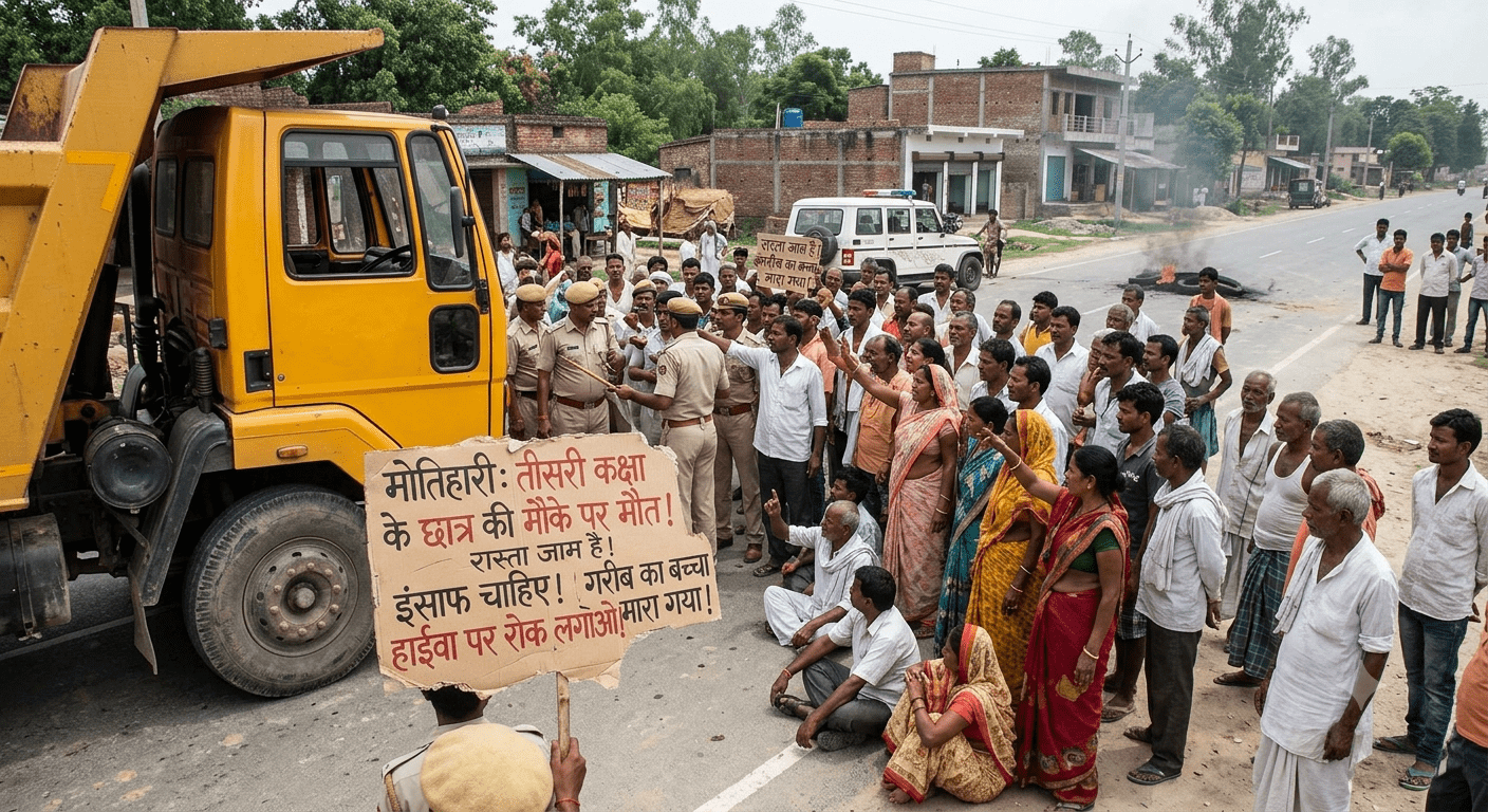 मोतिहारी में हाईवा ने तीसरी कक्षा के छात्र को रौंदा, मौके पर मौत; आक्रोशित लोगों ने सड़क जाम कर किया प्रदर्शन