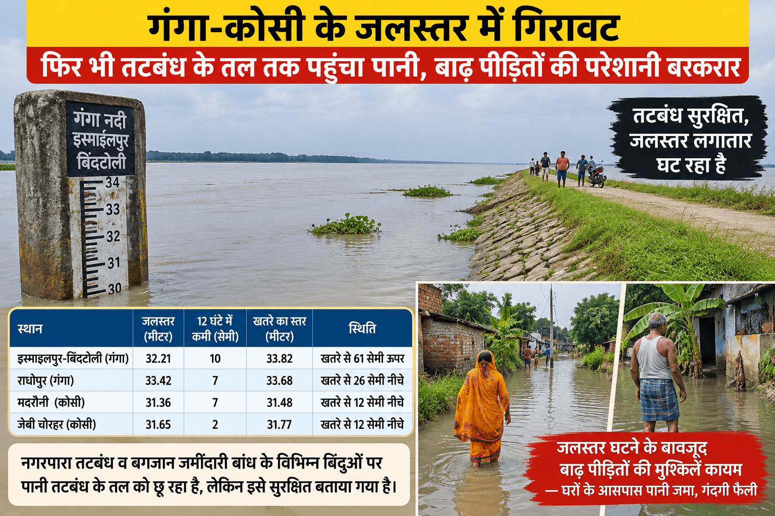 गंगा-कोसी के जलस्तर में गिरावट, फिर भी तटबंध के तल तक पहुंचा पानी, बाढ़ पीड़ितों की परेशानी बरकरार