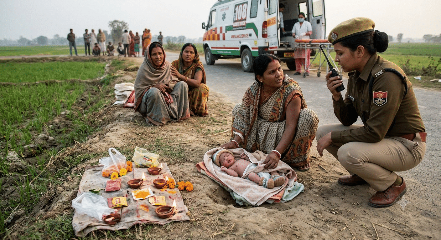 खेत की मेड़ पर मिला नवजात, पास में पूजा-पाठ की सामग्री बरामद, मां समेत बच्चे को अस्पताल में कराया गया भर्ती