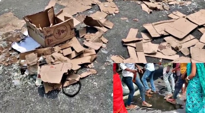 हादसे के बाद ट्रक से शराब लूटने का आरोप, वीडियो वायरल होने पर पुलिस जांच में जुटी